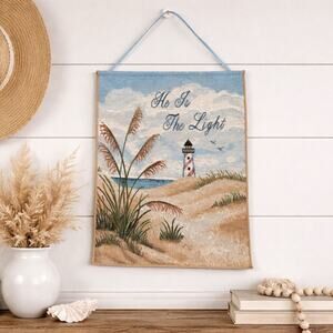 Lighthouse Woven Tapestry Wall Hanging He Is The Light Coastal Nautical 18”